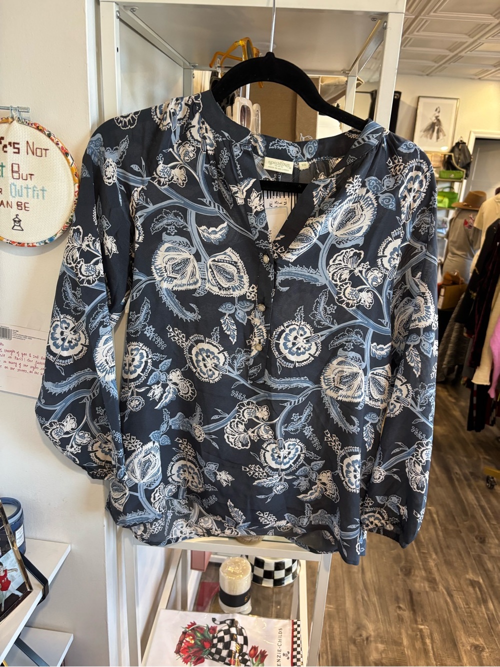 Spartina 449 Navy and White Floral Popover paisley Blouse